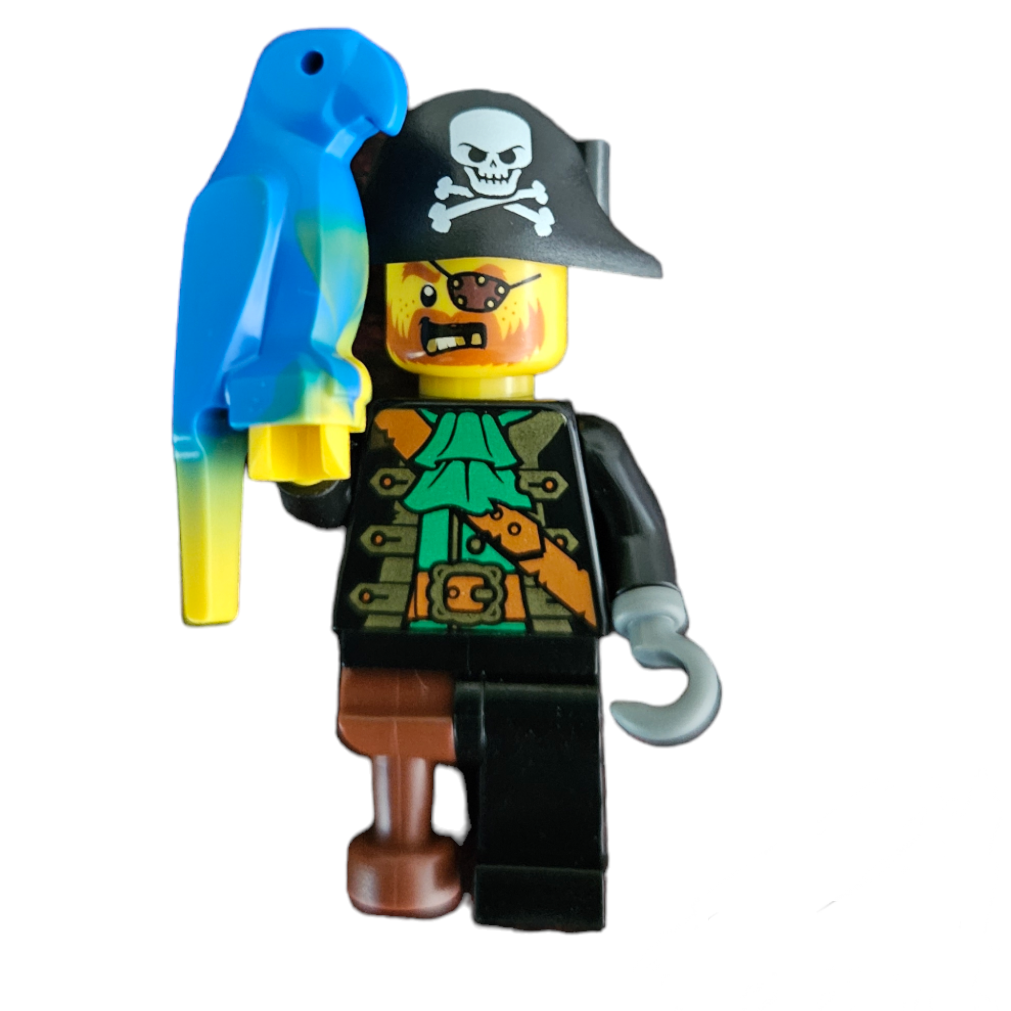 Pirate Captain one leg and hook hand with Parrot Lego minifigure BricZco