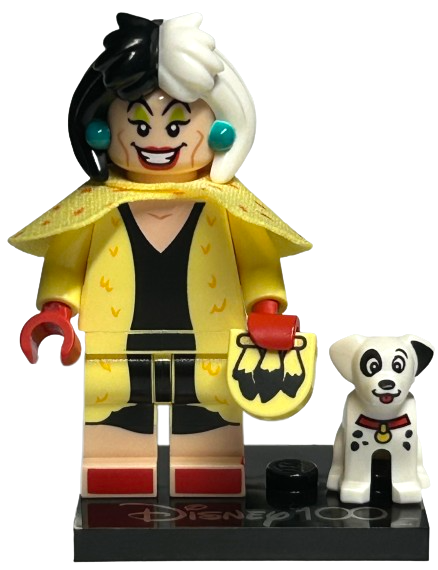 Cruella de Vil & Dalmatian Puppy Lego Collectable minifigure Disney 100 (Complete Set with Stand and Accessories) Media 1 of 1